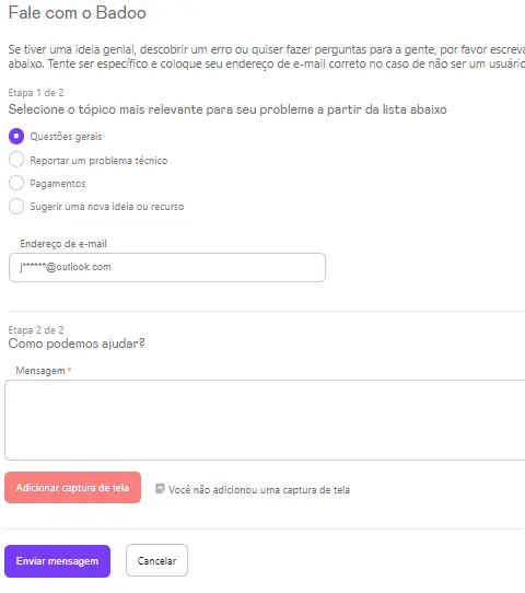 Formulário de solicitação para desbloquear uma conta do Badoo