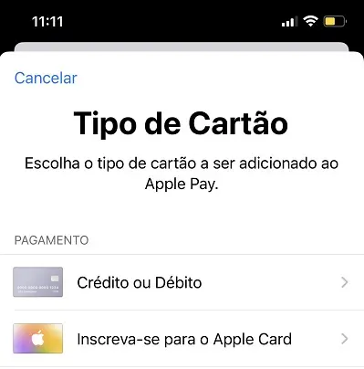 Opção para adicionar um cartão de crédito à Apple Wallet