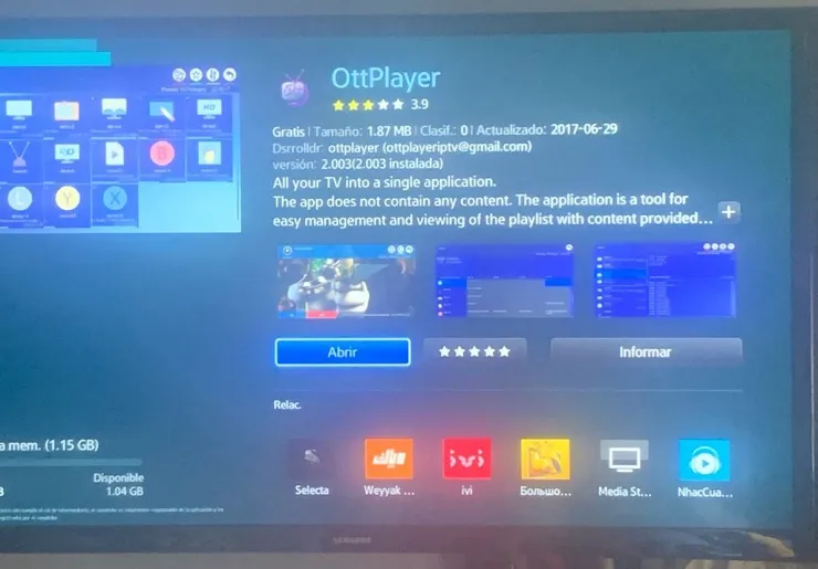 OttPlayer aplicativo IPTV para Smart TV Samsung