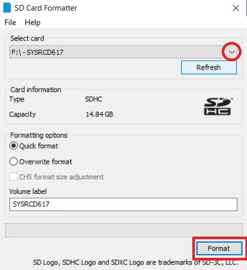 Interface do SD Card Formatter en Windows