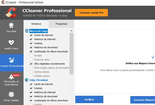Limpeza personalizada ccleaner